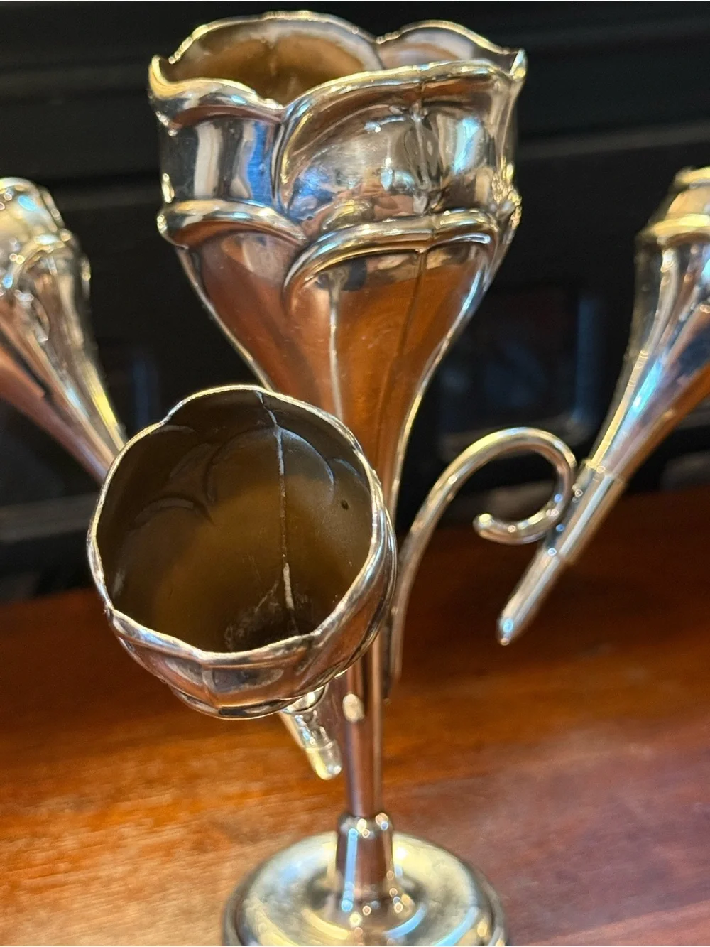 Antique Late Victorian/Art Nouveau Silverplate Epergne 4 Trumpet Bud Vase